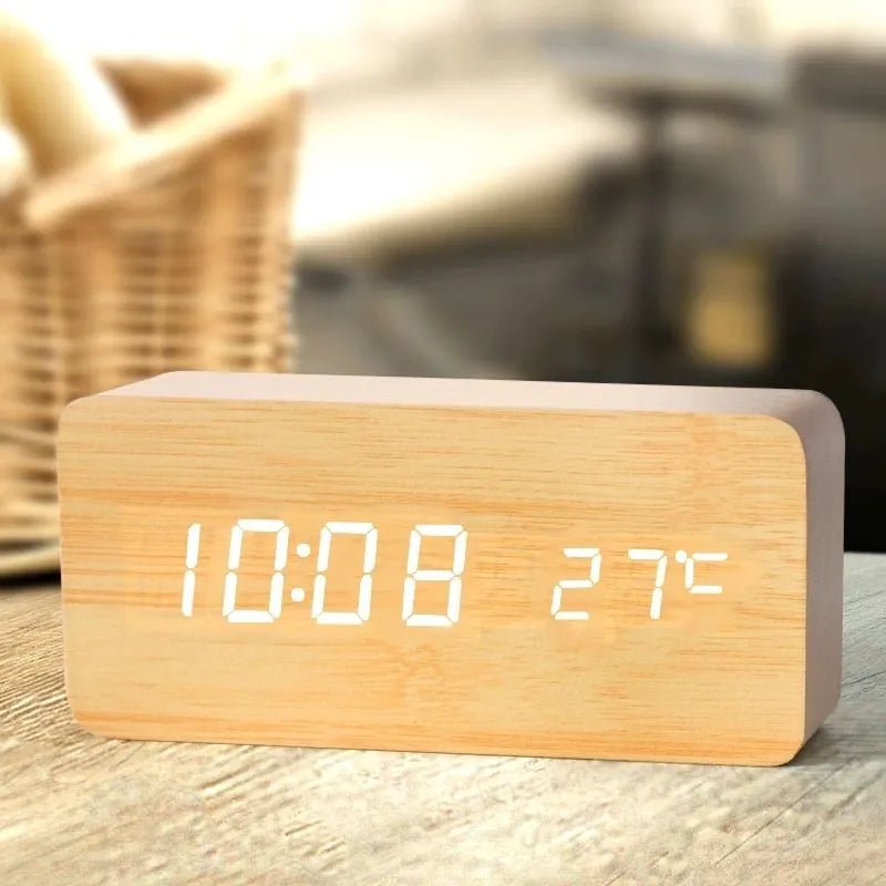 Buy - Wooden Digital Alarm Clock with LED Display and Temperature for Home & Office - Babylon